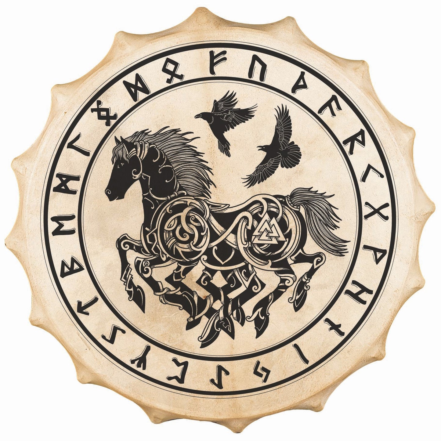 Tambour chamanique façon Sibérie avec motif de "Sleipnir" – Ø 58 cm – Vendu avec plumes décoratives, maillet et housse !