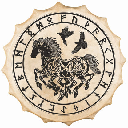 Tambour chamanique façon Sibérie avec motif de "Sleipnir" – Ø 58 cm – Vendu avec plumes décoratives, maillet et housse !