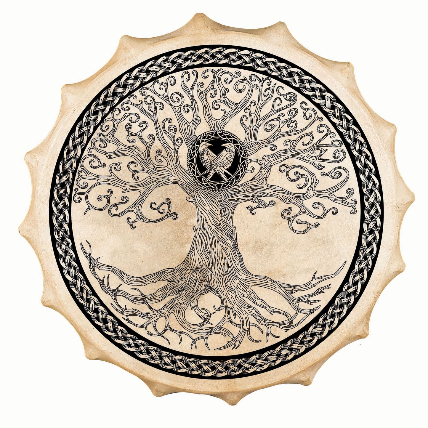 Tambour chamanique façon Sibérie avec motif de "L'Arbre de Vie Celtique" –  Ø 58 cm – Vendu avec plumes décoratives, maillet et housse !