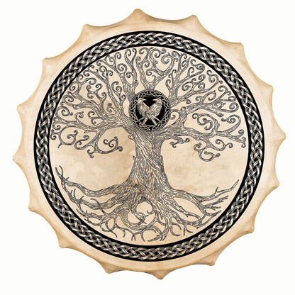 Tambour chamanique façon Sibérie avec motif de "L'Arbre de Vie Celtique" –  Ø 58 cm – Vendu avec plumes décoratives, maillet et housse !