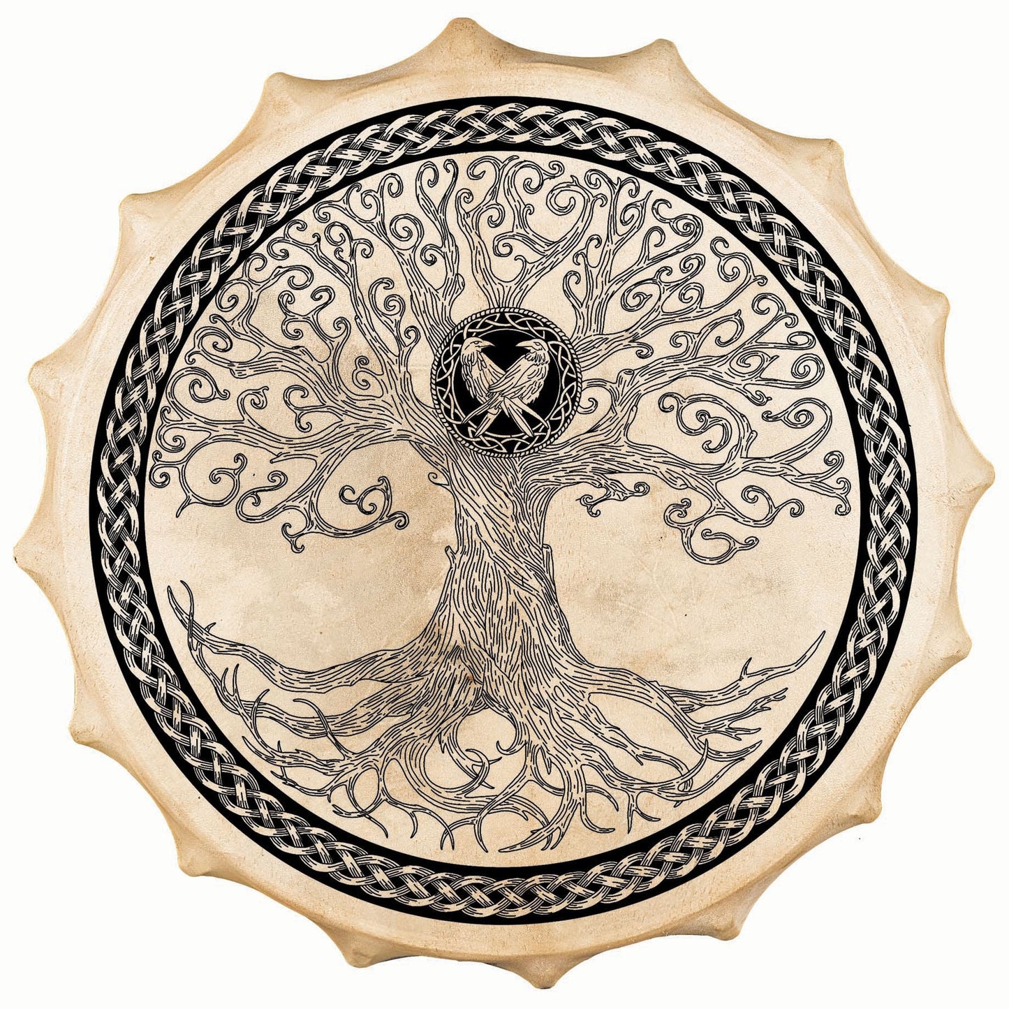 Tambour chamanique façon Sibérie avec motif de "L'Arbre de Vie Celtique" –  Ø 58 cm – Vendu avec plumes décoratives, maillet et housse !