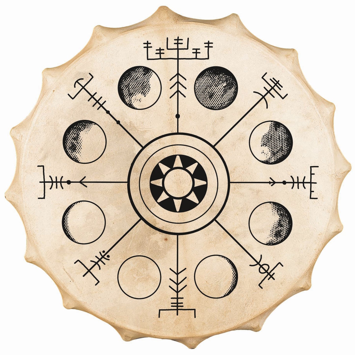 Tambour chamanique façon Sibérie avec motif des "Phases de Lune" –  Ø 58 cm – Vendu avec plumes décoratives, maillet et housse !