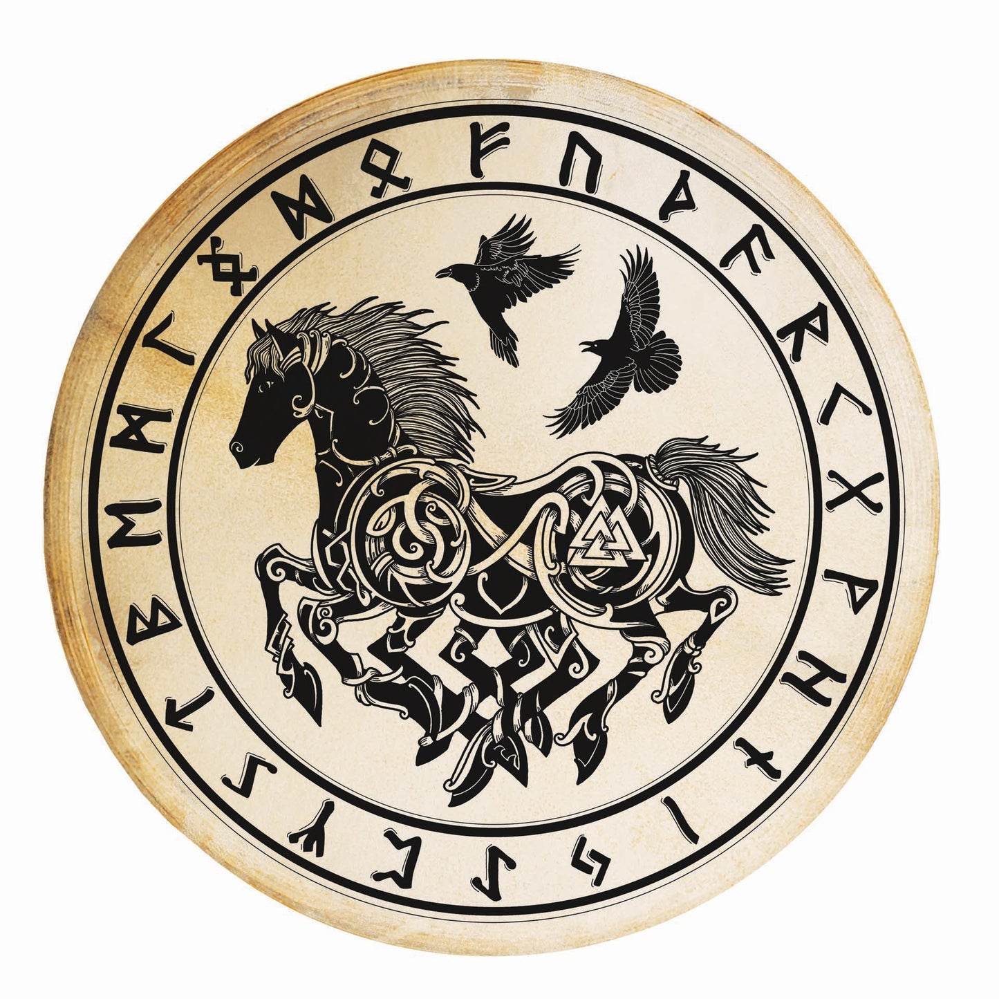 Tambour chamanique avec motif "Sleipnir avec runes" – Ø 50 et 60 cm – Vendu avec plumes décoratives et maillet !