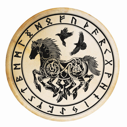 Tambour chamanique avec motif "Sleipnir avec runes" – Ø 50 et 60 cm – Vendu avec plumes décoratives et maillet !