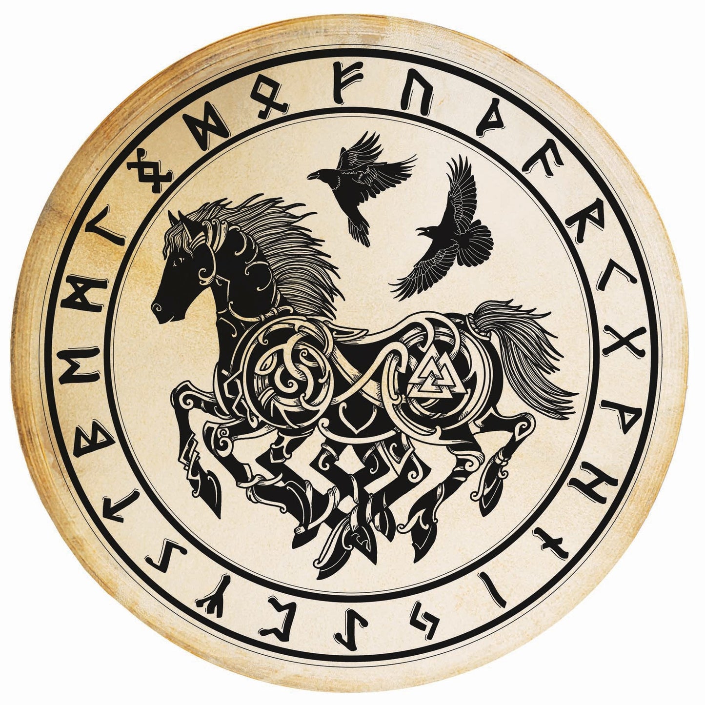 Tambour chamanique avec motif "Sleipnir avec runes" – Ø 50 et 60 cm – Vendu avec plumes décoratives et maillet !
