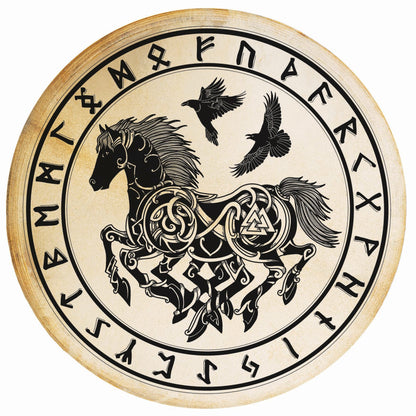Tambour chamanique avec motif "Sleipnir avec runes" – Ø 50 et 60 cm – Vendu avec plumes décoratives et maillet !