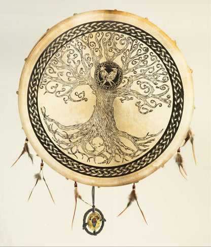 Tambour chamanique avec motif de "L'Arbre de Vie Celtique" – Ø 50 et 60 cm – Vendu avec plumes décoratives et maillet !
