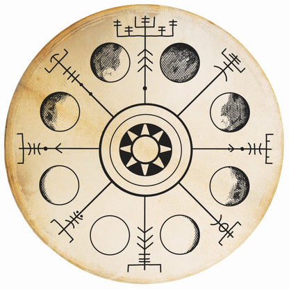 Tambour chamanique avec motif de "Phases de Lune" – Ø 50 et 60 cm – Vendu avec plumes décoratives et maillet !