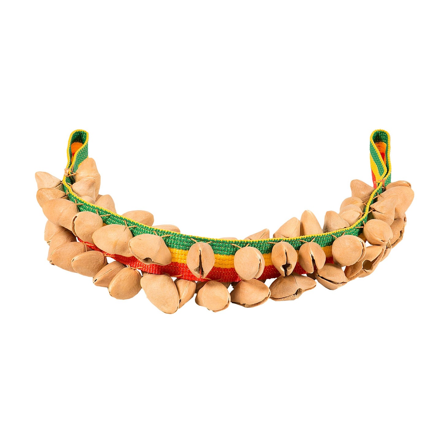 Hochets en grappes de coquilles de noix de juju (70 à 80), cousu sur un bracelet avec deux boucles - 4 graines au choix