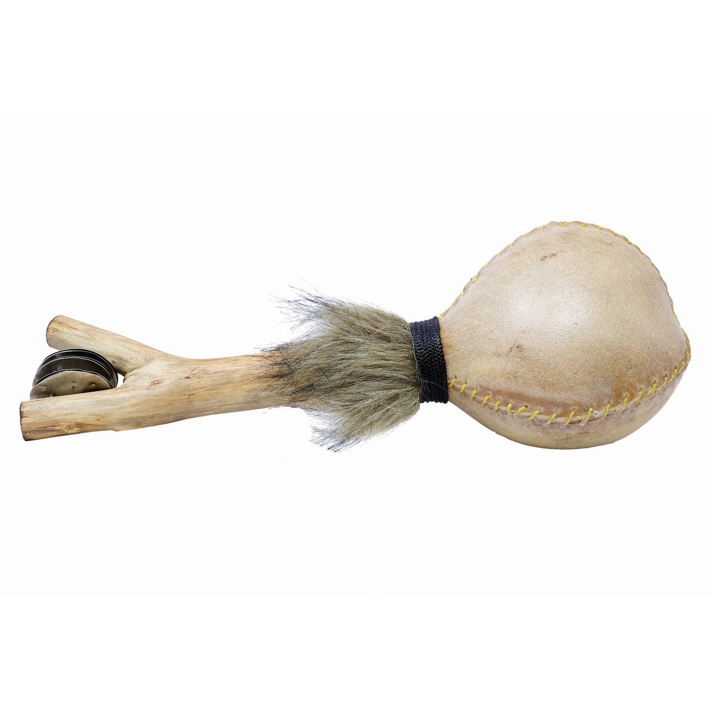 Hochet en bois et peau de chèvre avec cymbales - ± 39 x 11 x 12 cm/ ± 340 gr.