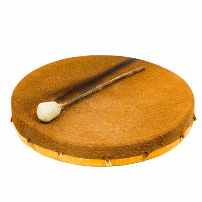 Tambour chamanique en peau de vache non tannée – Finitions traditionnelles – Ø 50 cm – Fourni avec maillet !