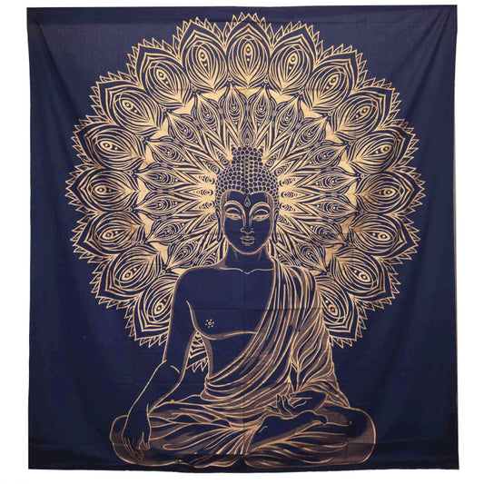 Tenture Murale/ Couvre-Lit Double en Coton - Bouddha - Or & Bleu - 230 x 200 cm