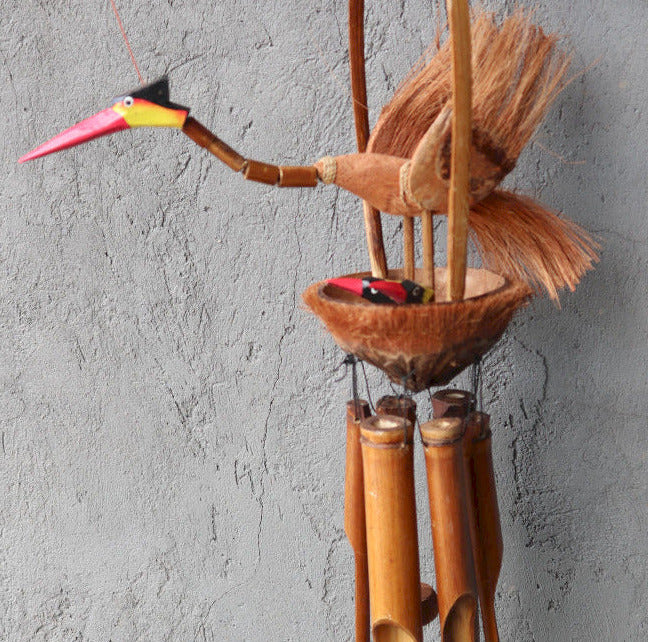 Carillon à Vent en Bambou Naturel (6 tubes) - Mère & Poussins - 39 x 13 x 105 cm/ 0,4 kg