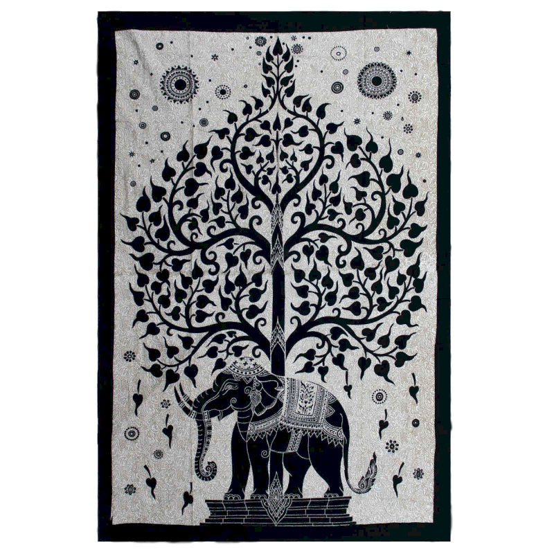 Couvre-lit/ Suspension Murale en coton - Motif monochrome de 'L'Arbre à Eléphants' - 200 x 130 cm - 380 gr.
