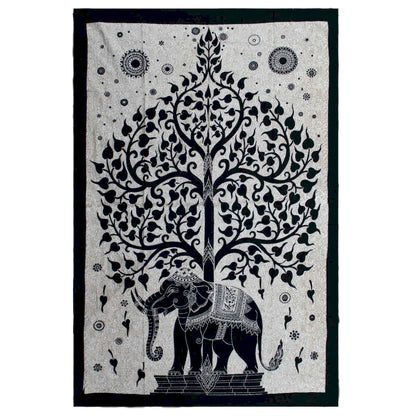 Couvre-lit/ Suspension Murale en coton - Motif monochrome de 'L'Arbre à Eléphants' - 200 x 130 cm - 380 gr.