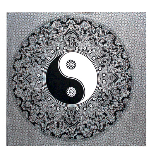 Dessus de Lit Double/ Tenture noir et blanc avec motif du Yin Yang - 230 x 200 cm - 680 gr.