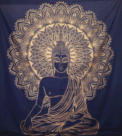 Tenture Murale/ Couvre-Lit Double en Coton - Bouddha - Or & Bleu - 230 x 200 cm