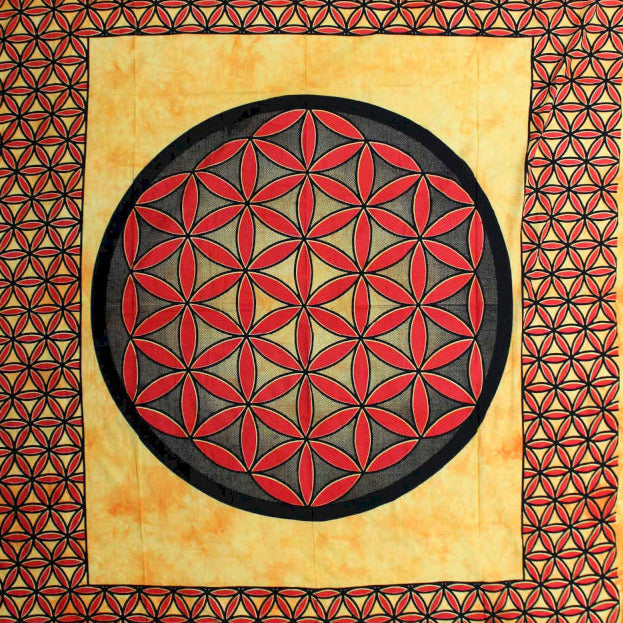 Couvre-lit Double en Coton et/ou Suspension Murale - Fleur de Vie - Orange - 230 x 200 cm - 680 gr.