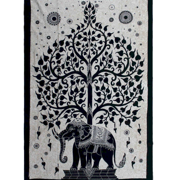 Couvre-lit/ Suspension Murale en coton - Motif monochrome de 'L'Arbre à Eléphants' - 200 x 130 cm - 380 gr.