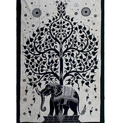 Couvre-lit/ Suspension Murale en coton - Motif monochrome de 'L'Arbre à Eléphants' - 200 x 130 cm - 380 gr.