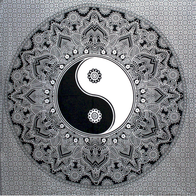 Dessus de Lit Double/ Tenture noir et blanc avec motif du Yin Yang - 230 x 200 cm - 680 gr.