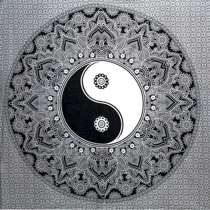 Dessus de Lit Double/ Tenture noir et blanc avec motif du Yin Yang - 230 x 200 cm - 680 gr.