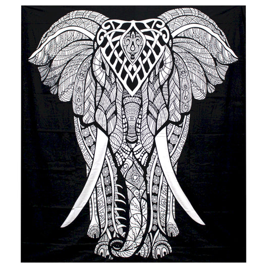 Couvre-lit/ Suspension Murale en coton - Motif noir et blanc 'Eléphant' - 230 x 200 cm - 680 gr.