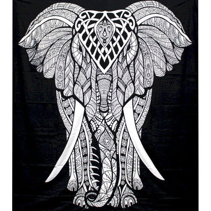 Couvre-lit/ Suspension Murale en coton - Motif noir et blanc 'Eléphant' - 230 x 200 cm - 680 gr.