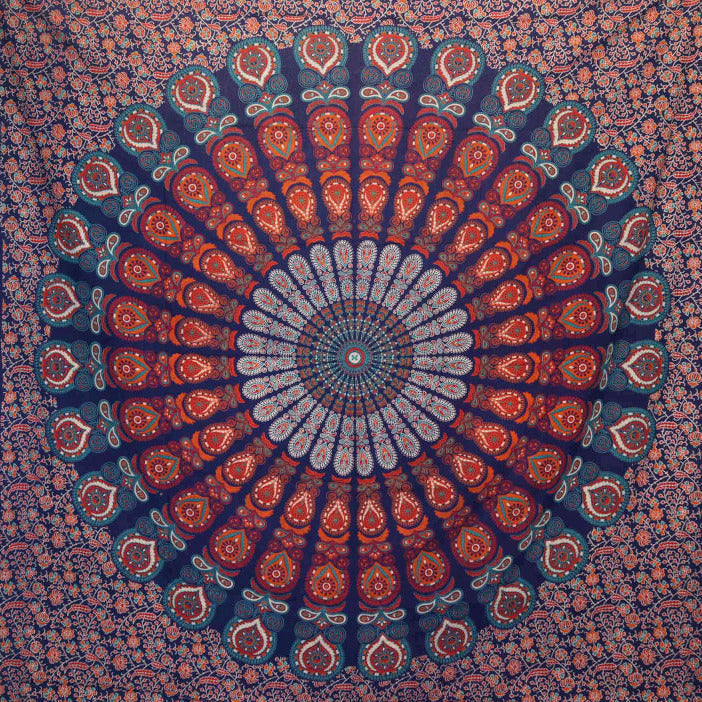 Tenture Murale/ Couvre-Lit Double en Coton - Mandala de Paon - 230 x 200 cm - 600 gr.