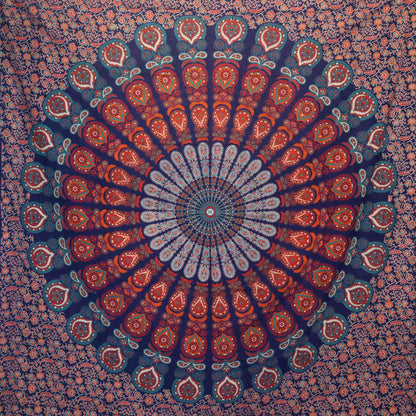 Tenture Murale/ Couvre-Lit Double en Coton - Mandala de Paon - 230 x 200 cm - 600 gr.