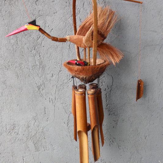 Carillon à Vent en Bambou Naturel (6 tubes) - Mère & Poussins - 39 x 13 x 105 cm/ 0,4 kg