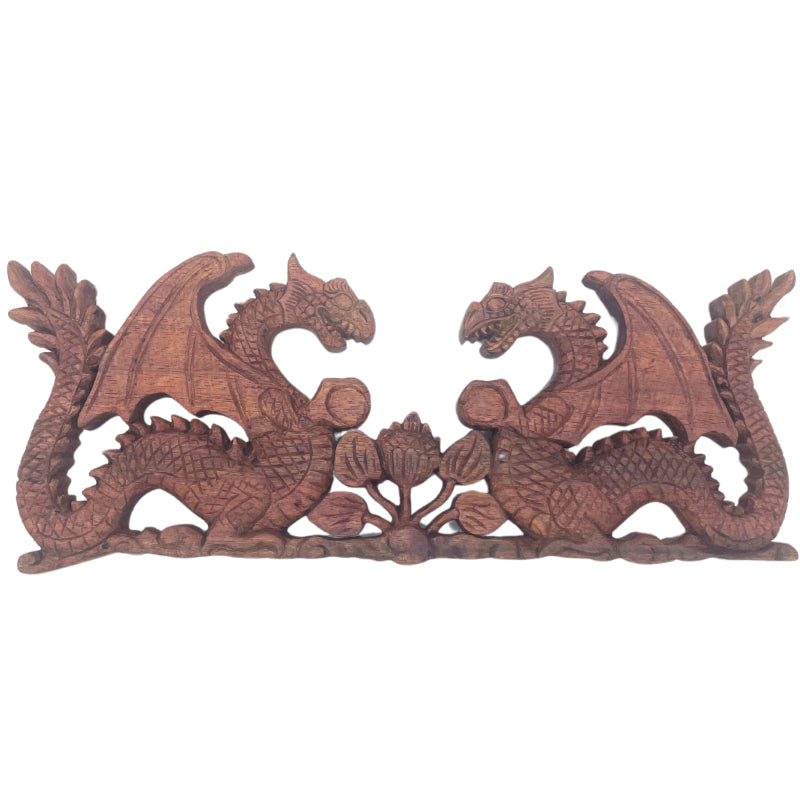 Plaque Sculptée 'Dragon' - Décoration murale sculptée à la main avec dragon à deux faces, symbolisant l'équilibre, la dualité et la protection - 39,5 x 15 x 2 cm