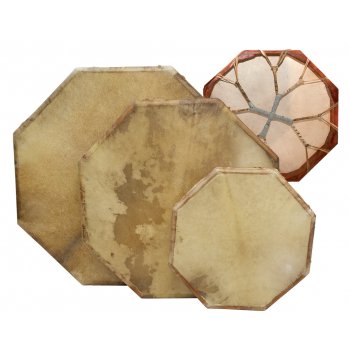 Sélection de tambours chamaniques de forme octogonale – Modèles au choix de Ø 40, 50, 60 ou 70 cm – Très bonne qualité, idéal pour découverte ou perfectionnement – Vendu avec maillet de 40 cm !